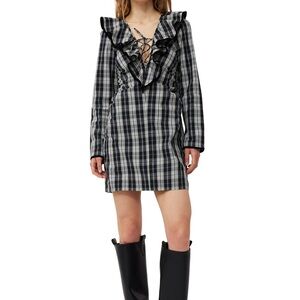 CHECKERED COTTON RUFFLE V-NECK MINI DRESS